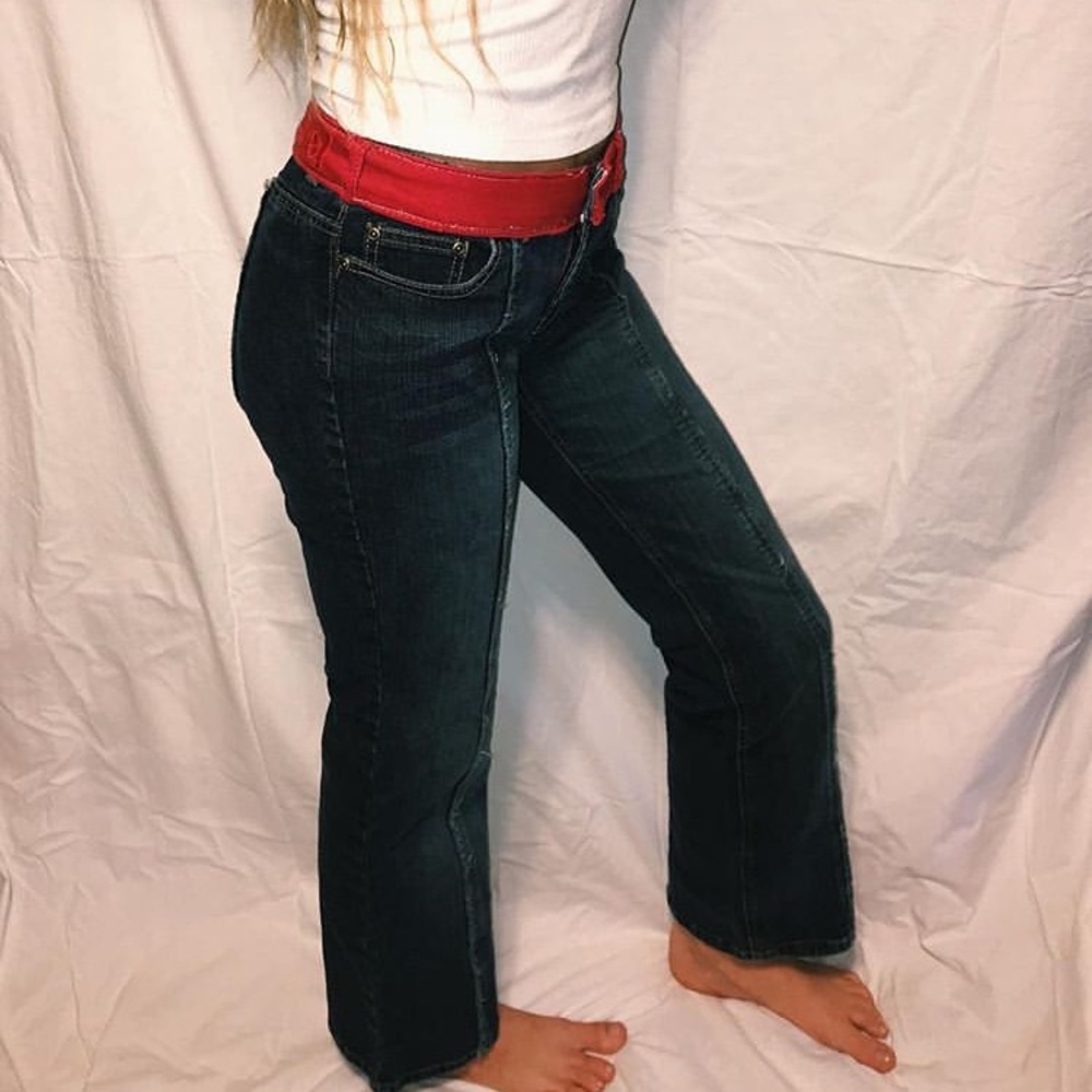 Custom red topped straight lined jeans